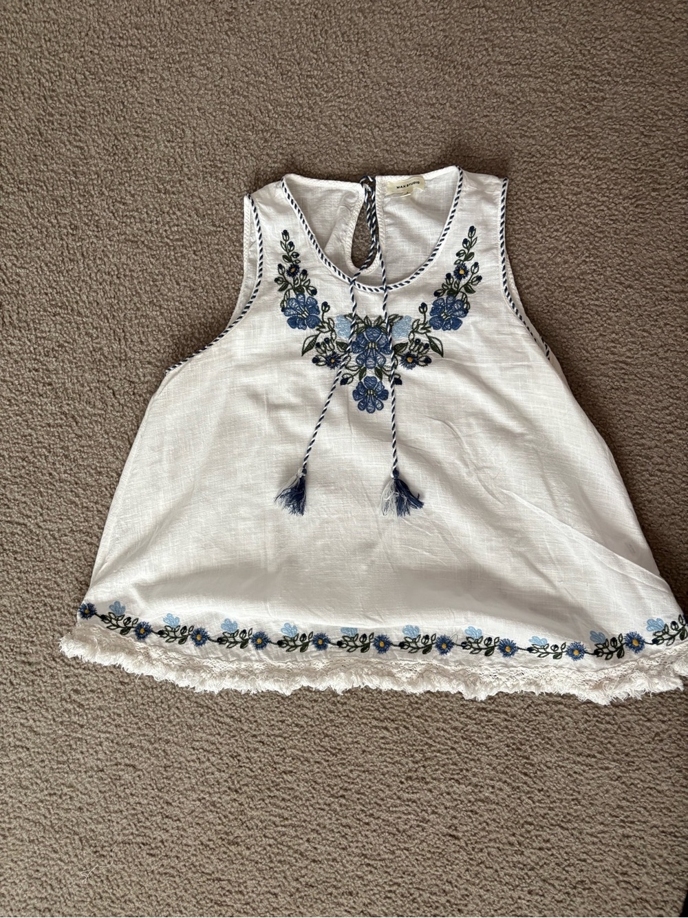 Max Studio White Tank Top with Blue Floral Embroidery